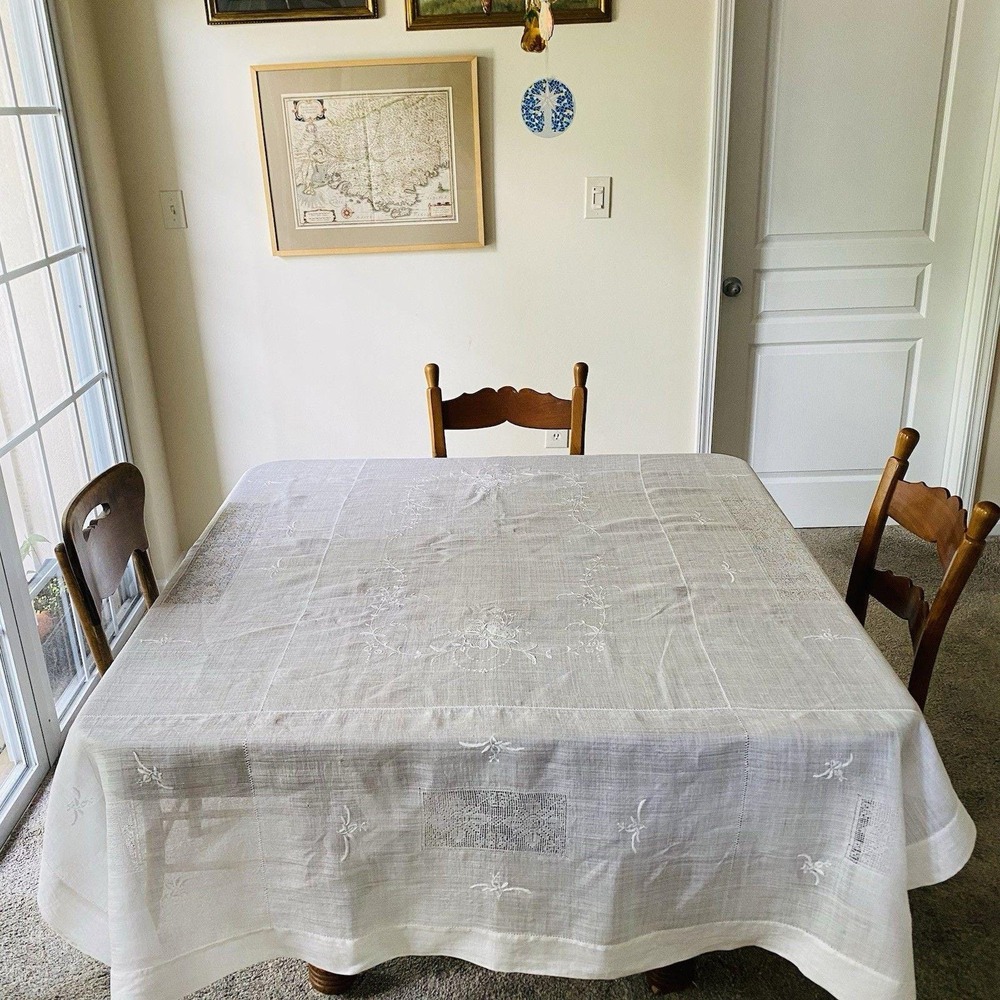Vintage Tablecloth Floral Embroidered Handmade White Drawnwork 62x78"